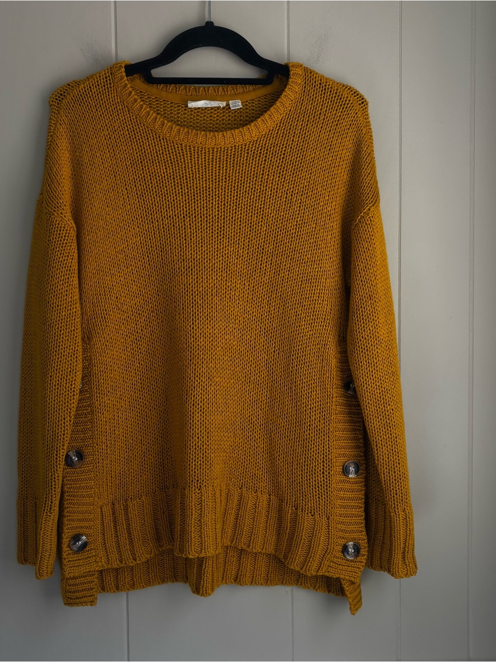 RETROD Women’s Mustard Yellow Crewneck Knit Sweater Side Button Detail- Medium